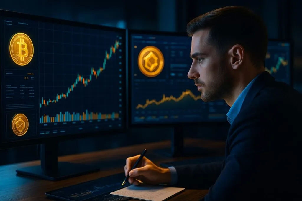 Ilustración de un inversor analizando gráficos digitales para detectar crypto gems emergentes en el mercado cripto