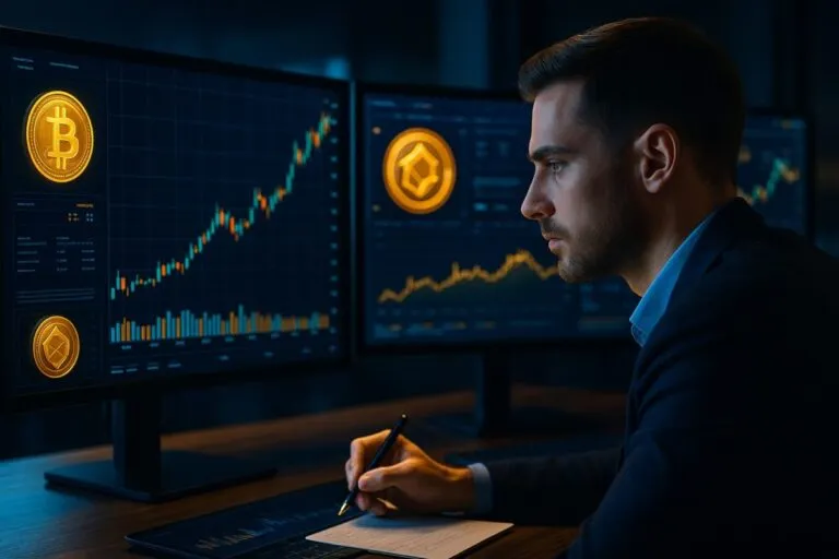 Ilustración de un inversor analizando gráficos digitales para detectar crypto gems emergentes en el mercado cripto