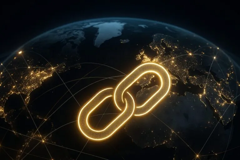 Mapa global con conexiones digitales que representan pagos tokenizados y la convergencia entre SWIFT y Ripple en blockchain.