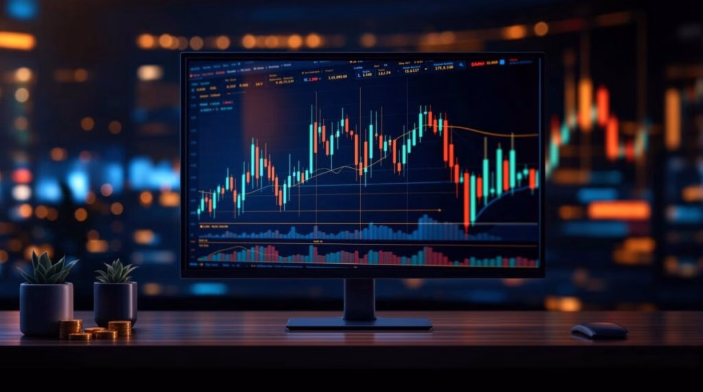 Gráfico digital mostrando velas japonesas, indicadores RSI y MACD para análisis técnico de criptomonedas