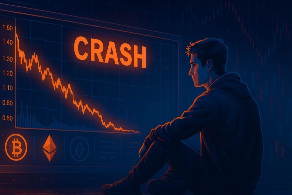 Ilustración hiperrealista de un joven observando pantallas con gráficos en rojo y azul que muestran la caída y recuperación del mercado cripto, con reflejos neón, alto contraste y estética tecnológica de ReporteCripto. Representa la volatilidad, las emociones del inversor y la estabilidad de los fundamentos del ecosistema tras el crash cripto.