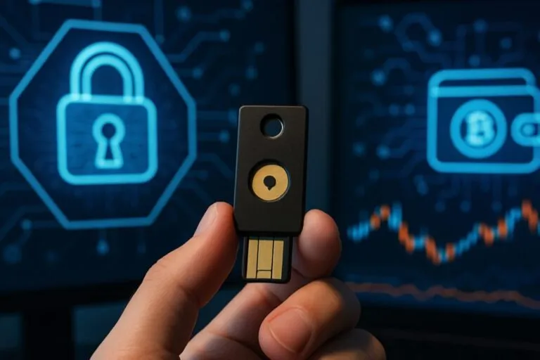 Representación visual de hábitos de cripto seguridad como 2FA, wallets fríos y prevención de hacks en 2025.