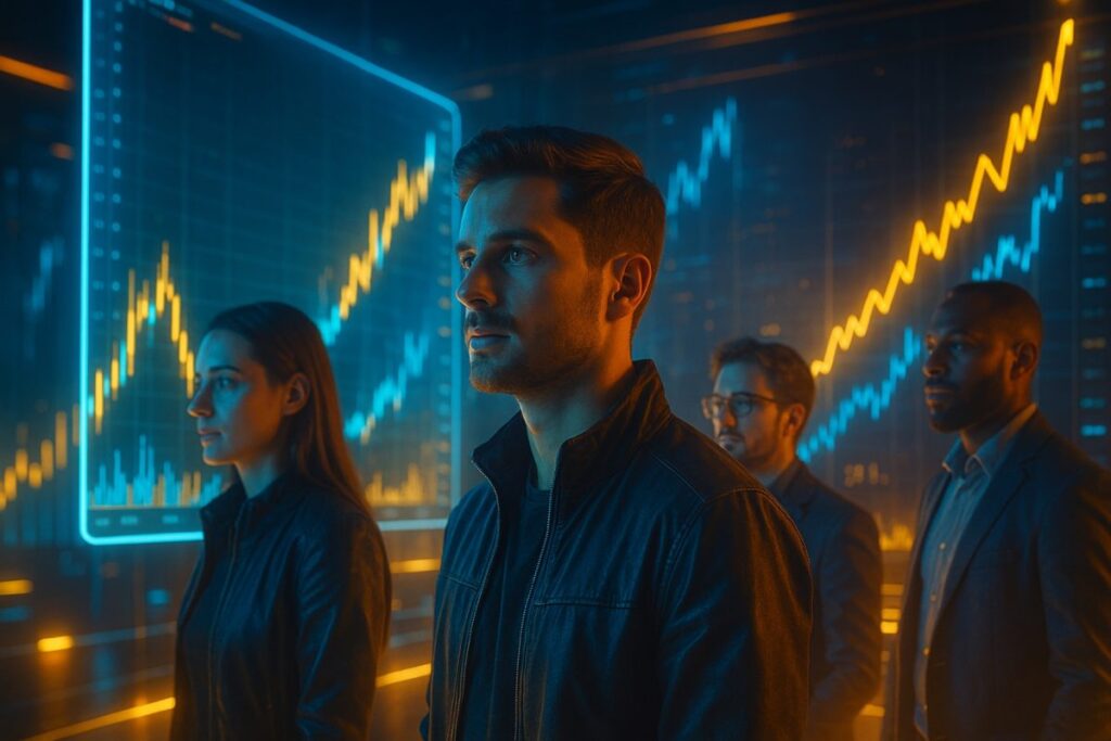 retrato digital de traders cripto influyentes en pantallas holográficas con gráficos en alza y tonos neón