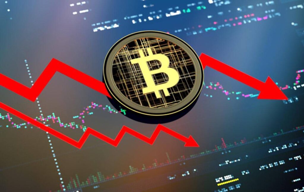 Precio bitcoin cayendo en gráfico con fondo tecnológico y volatilidad del mercado