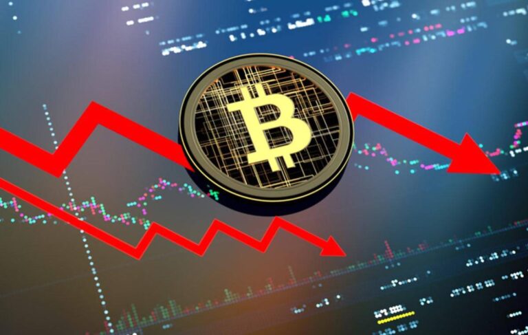 Precio bitcoin cayendo en gráfico con fondo tecnológico y volatilidad del mercado