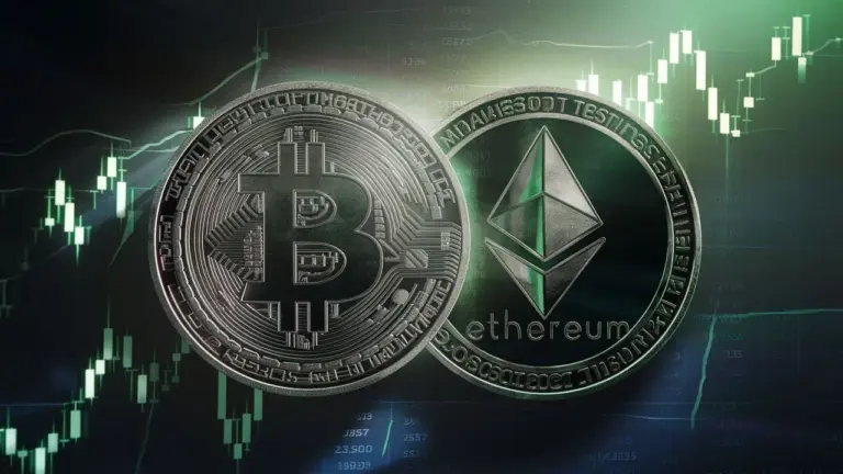 Criptomoneda Ethereum con gráficos ascendentes superando al símbolo de Bitcoin en un entorno digital futurista