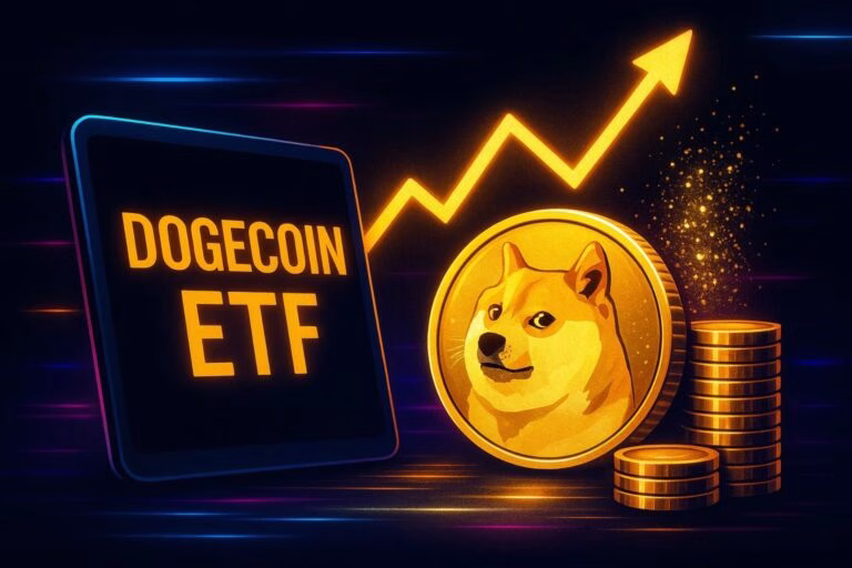 Representación visual de Dogecoin y ticker TDOG en Nasdaq, símbolo de ETF Dogecoin en mercado regulado