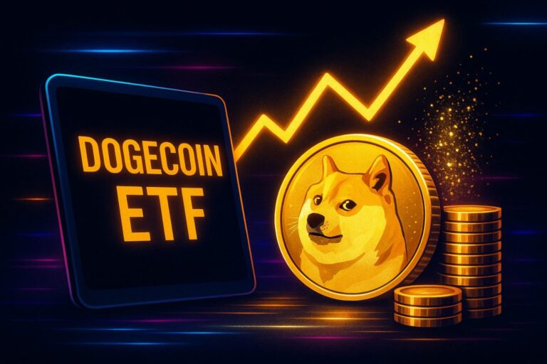 Representación visual de Dogecoin y ticker TDOG en Nasdaq, símbolo de ETF Dogecoin en mercado regulado