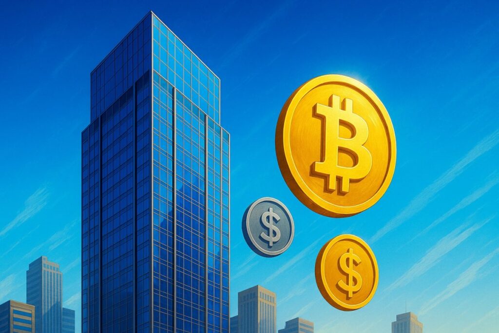 Ilustración moderna de firmas de tesorería cripto como actores clave en los mercados financieros globales