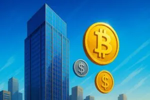 Ilustración moderna de firmas de tesorería cripto como actores clave en los mercados financieros globales