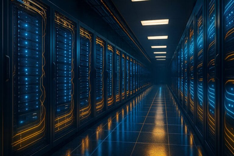 Centro de datos hiperrealista con servidores y luces neón que ilustran la inversión de Galaxy en HPC e infraestructura digital