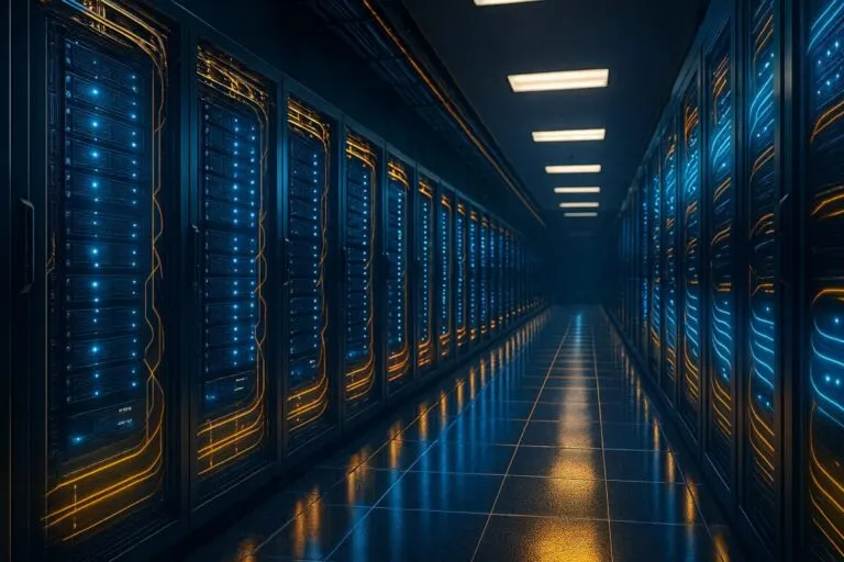Centro de datos hiperrealista con servidores y luces neón que ilustran la inversión de Galaxy en HPC e infraestructura digital