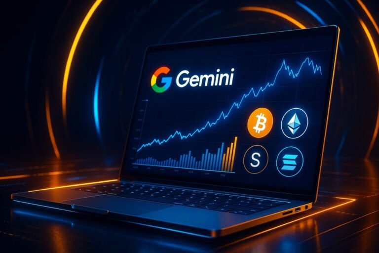 Interfaz hiperrealista de Google Gemini analizando criptomonedas con efectos de neón, destellos plateados y gráficos de mercado