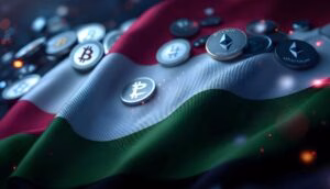 Imagen conceptual de la regulación de criptomonedas en Hungría, con elementos visuales que representen control estatal y riesgo legal.