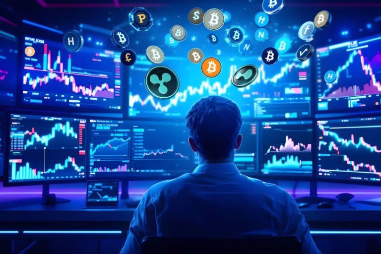 Un trader observa pantallas con gráficos de criptomonedas y logotipos de Bitcoin, Ethereum y otras divisas digitales, reflejando el regreso de James Wynn a Hyperliquid y el auge de los mercados DeFi.