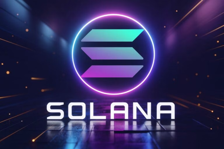 Visualización editorial de la caída de actividad blockchain en Solana con enfoque en contratos inteligentes y DeFi