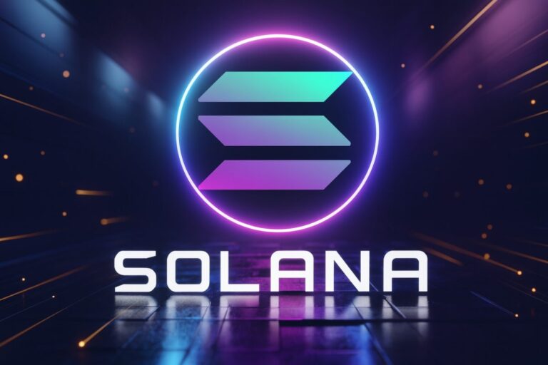 Visualización editorial de la caída de actividad blockchain en Solana con enfoque en contratos inteligentes y DeFi