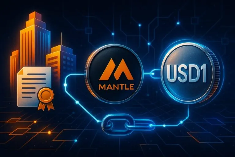 Ilustración de tokenización de activos reales sobre blockchain con el logo de Mantle y USD1