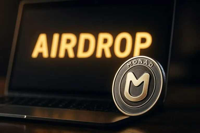 Interfaz digital moderna con elementos de criptomonedas y wallets simbolizando el portal de airdrop MON antes del lanzamiento del token.