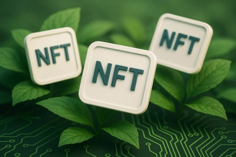 NFTs verdes representados sobre hojas digitales como símbolo de sostenibilidad blockchain