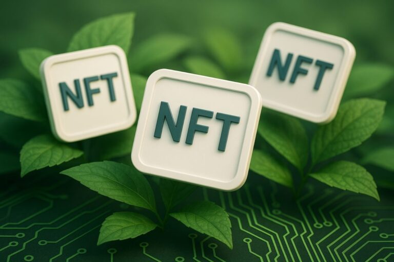 NFTs verdes representados sobre hojas digitales como símbolo de sostenibilidad blockchain