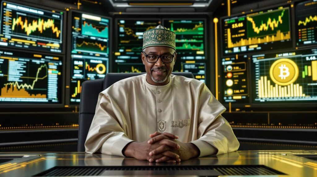 Retrato fotorealista de un funcionario nigeriano con vestimenta tradicional sentado frente a pantallas con gráficos de criptomonedas y stablecoins, reflejando la estrategia del Banco Central de Nigeria para lanzar una stablecoin oficial tras el fracaso del eNaira. Colores brillantes en verde, dorado y plateado, con alto contraste y líneas definidas.