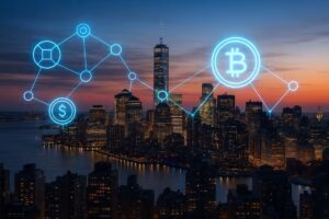 Vista panorámica de Nueva York con íconos de blockchain y activos digitales flotando sobre los edificios.