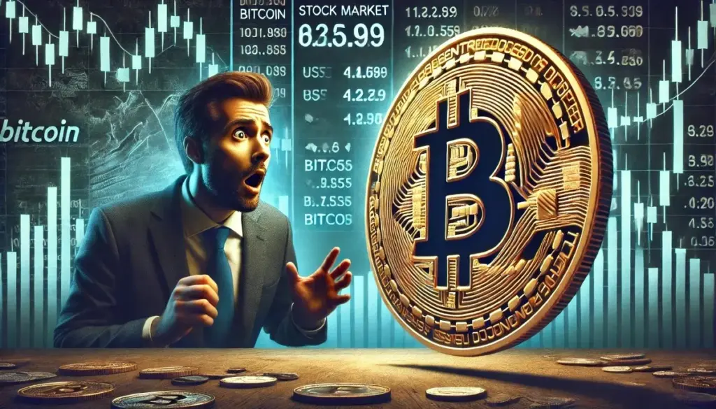 Pánico cripto con gráficos en caída y retrato de Donald Trump de fondo