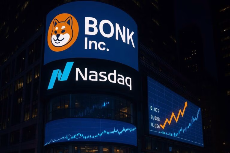 Representación de Bonk Inc cotizando en Nasdaq tras el rebranding de Safety Shot, con el token BONK y gráficos de mercado.