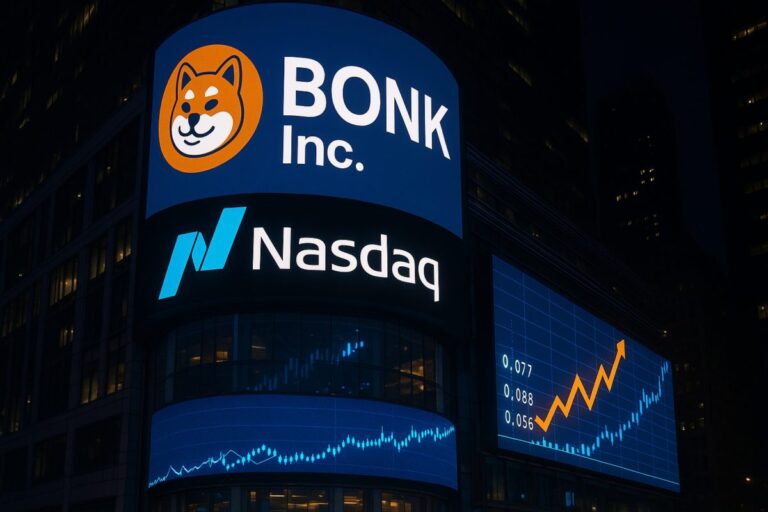 Representación de Bonk Inc cotizando en Nasdaq tras el rebranding de Safety Shot, con el token BONK y gráficos de mercado.