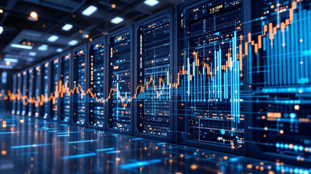 Visualización fotorealista de servidores ASIC y gráficos digitales que representan el crecimiento del hash-rate global de bitcoin