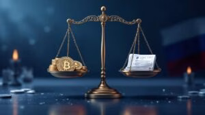 Ilustración editorial sobre la regulación de criptomonedas en Rusia y su inclusión en acuerdos de divorcio.