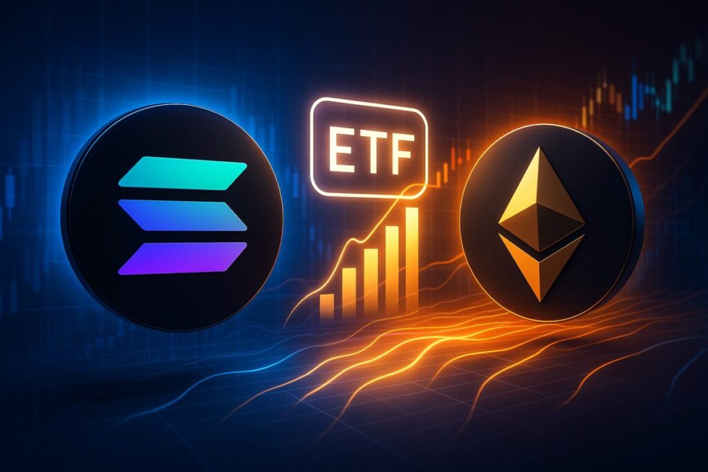 Representación digital de Solana y Ethereum con símbolos de ETF y flujos financieros sobre fondo tecnológico futurista.