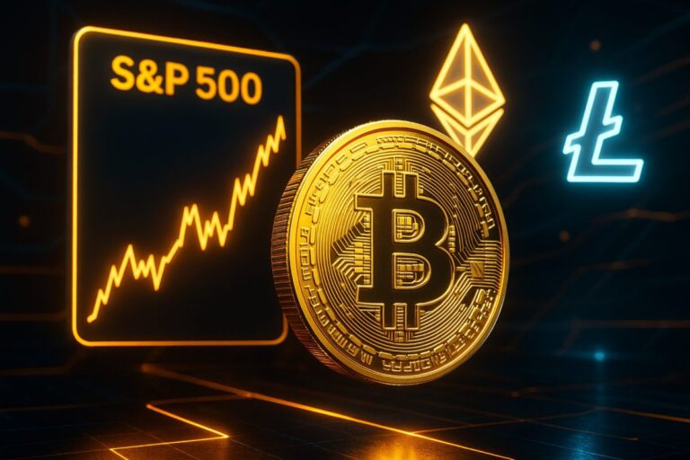 Imagen hiperrealista de criptomonedas y gráficos bursátiles con acentos de neón y destellos metálicos, que representa el nuevo índice mixto cripto de S&P.