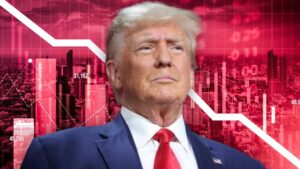 Pánico cripto con gráfico descendente y silueta de Donald Trump sobre fondo rojo