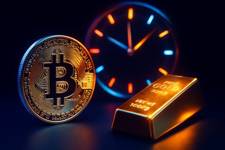 Representación visual de Bitcoin y oro como refugios financieros en un mundo envejecido