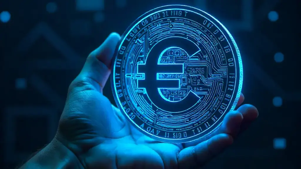 Euro digital supera al dólar cripto en Europa con monedas y gráficos ascendentes sobre fondo azul de la Unión Europea