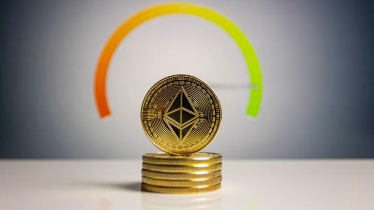 Gráfico descendente que representa la caída del valor de Ethereum, con indicadores financieros y símbolo de la criptomoneda Ethereum en primer plano.