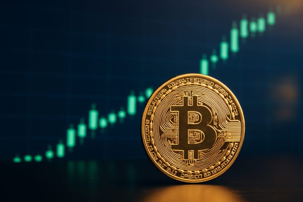 Representación de Bitcoin superando los USD 34,000 con gráficas de inversión y señales institucionales