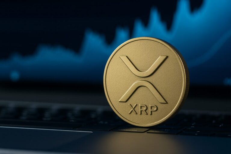 Imagen conceptual de ETF spot XRP con gráficos financieros y elementos visuales de Ripple