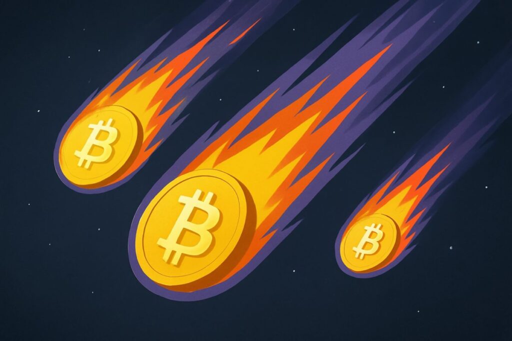 Ilustración de bitcoin descendiendo como meteorito, símbolo del cambio de estrategia de inversión