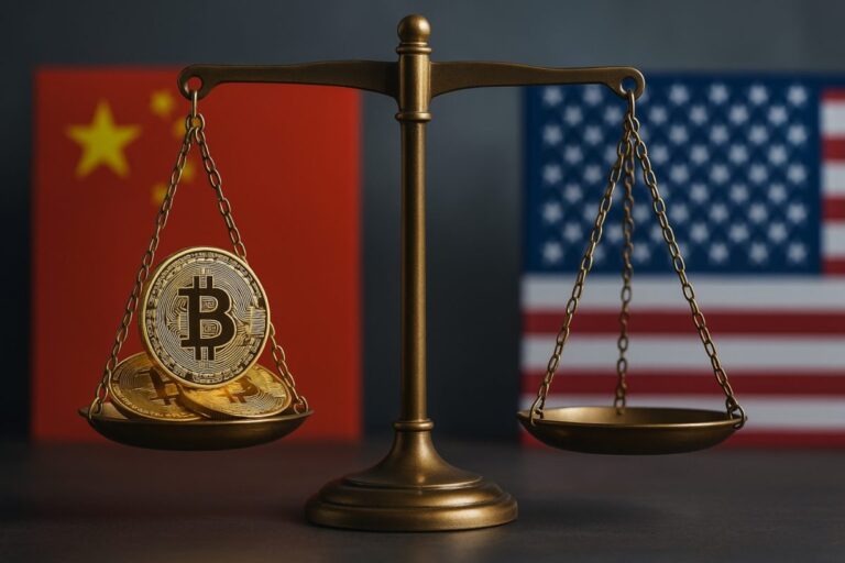 Ilustración editorial de monedas de Bitcoin incautadas por EE. UU. tras hackeo, en medio de acusaciones de China