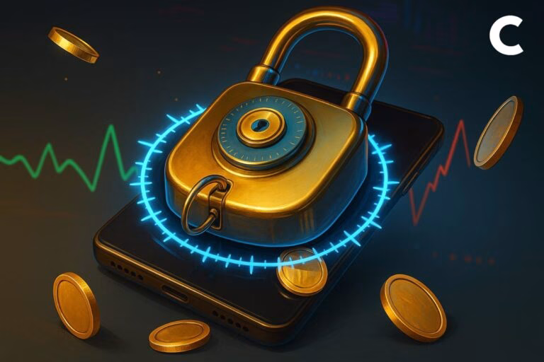 Candado digital sobre un teléfono rodeado de criptomonedas doradas, representando el desbloqueo de tokens cripto en diciembre