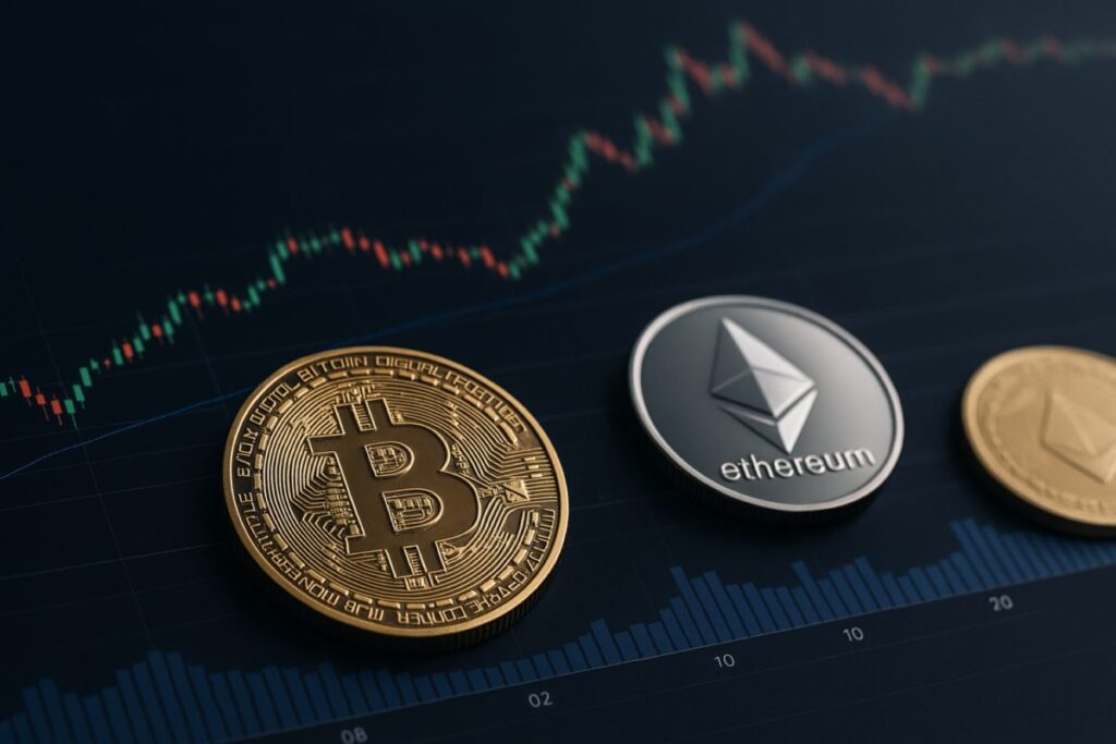 Ilustración de tokens digitales sobre gráficos financieros, simbolizando criptomonedas basadas en fundamentos reales