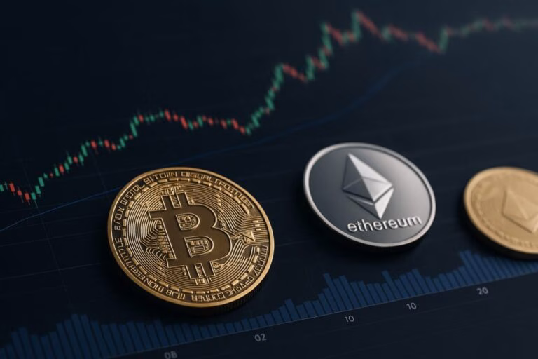 Ilustración de tokens digitales sobre gráficos financieros, simbolizando criptomonedas basadas en fundamentos reales