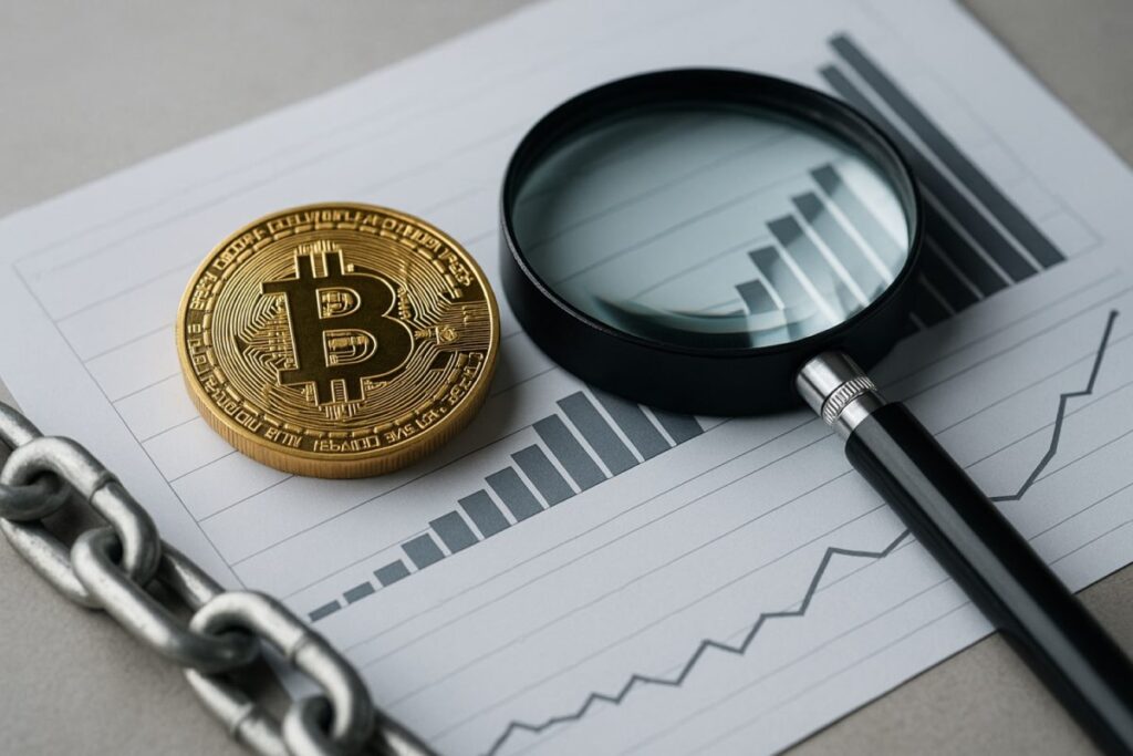 Ilustración editorial sobre lavado de dinero en criptomonedas y regulación global