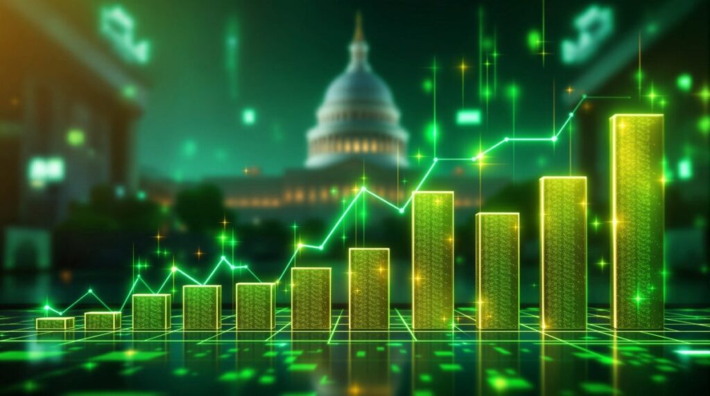 Senado de Estados Unidos con hologramas financieros y símbolos de criptomonedas para ilustrar debate de ley cripto