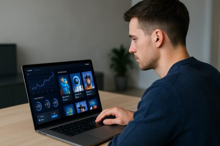 Coleccionista observando su portafolio NFT en Ronin desde su laptop, con gráficos y avatares digitales