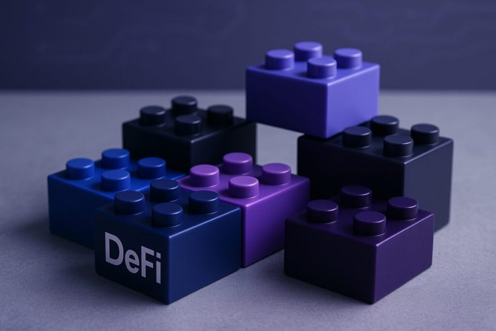 Ilustración de protocolos DeFi conectados como piezas Lego para mostrar las finanzas componibles