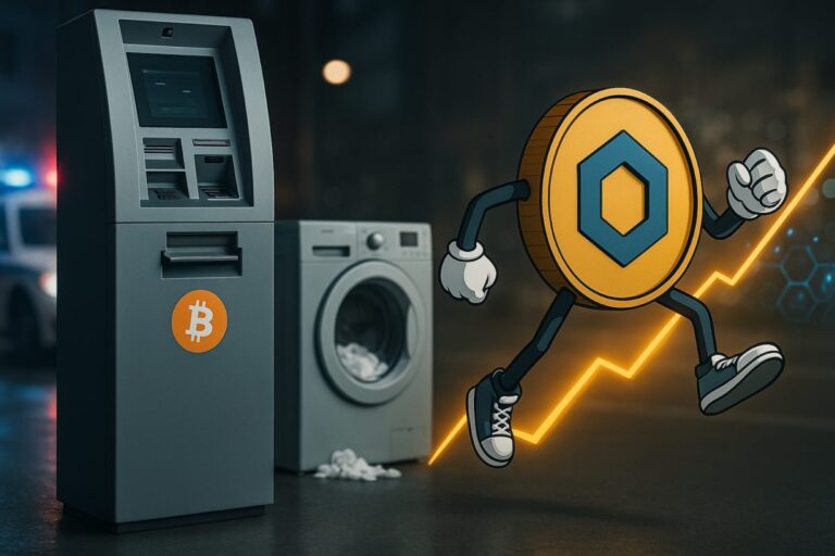 Cajero cripto en escena urbana con indicios legales y visuales de blockchain, reflejando el caso de Crypto Dispensers y Chainlink